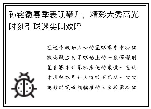 孙铭徽赛季表现攀升，精彩大秀高光时刻引球迷尖叫欢呼